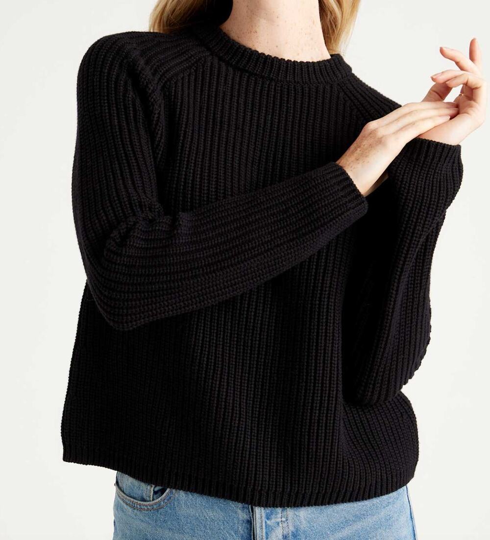 Quince Organic Cotton Fisherman Crewneck Long Sleeve Sweater Black XS
